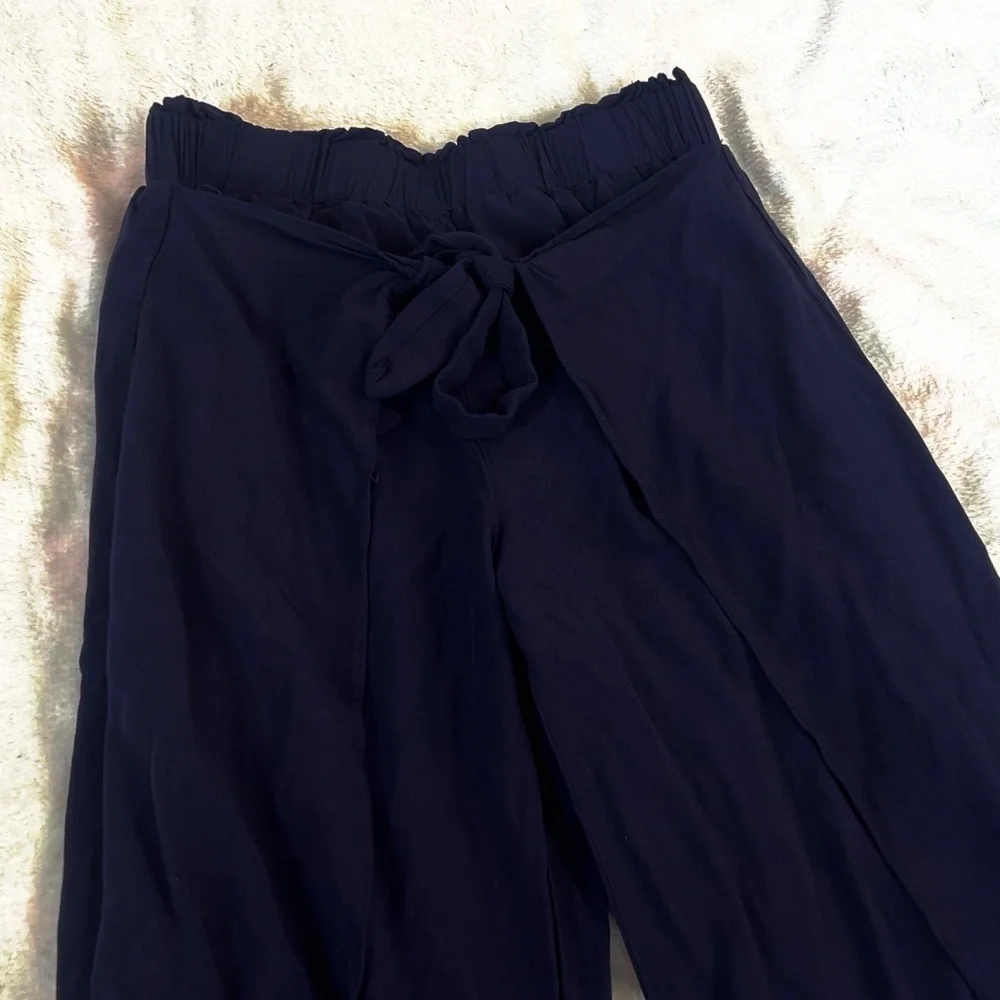 Lulus Always Here For You Navy Blue Tie Front Wide Leg Pants Pull On Ankle XS - Picture 9 of 11